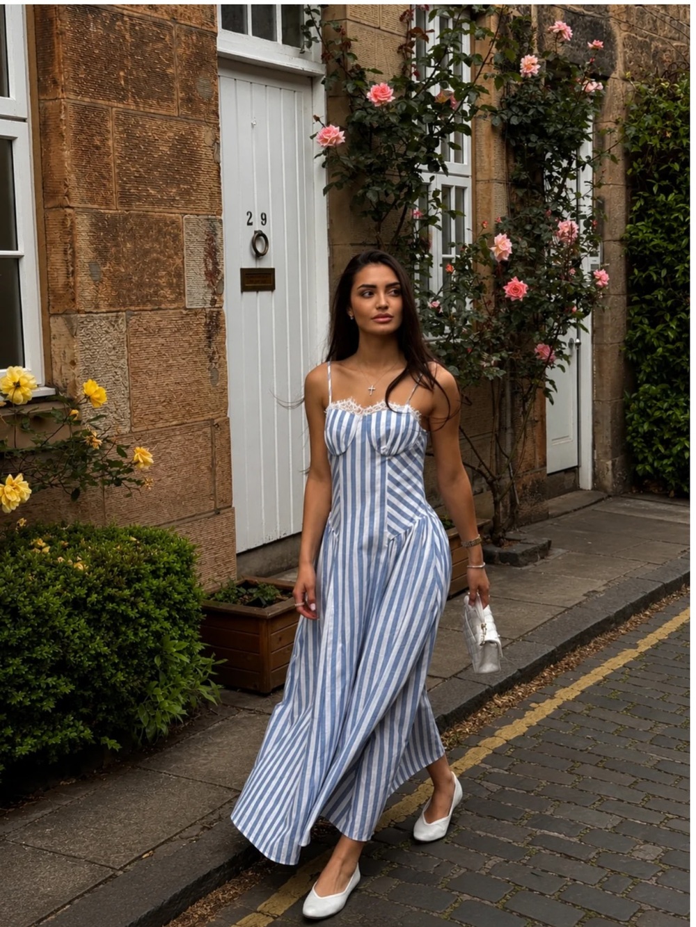 Commense Blue Striped Cotton Lace Trim Maxi Dress XS | European Summer Dress - Picture 3 of 7